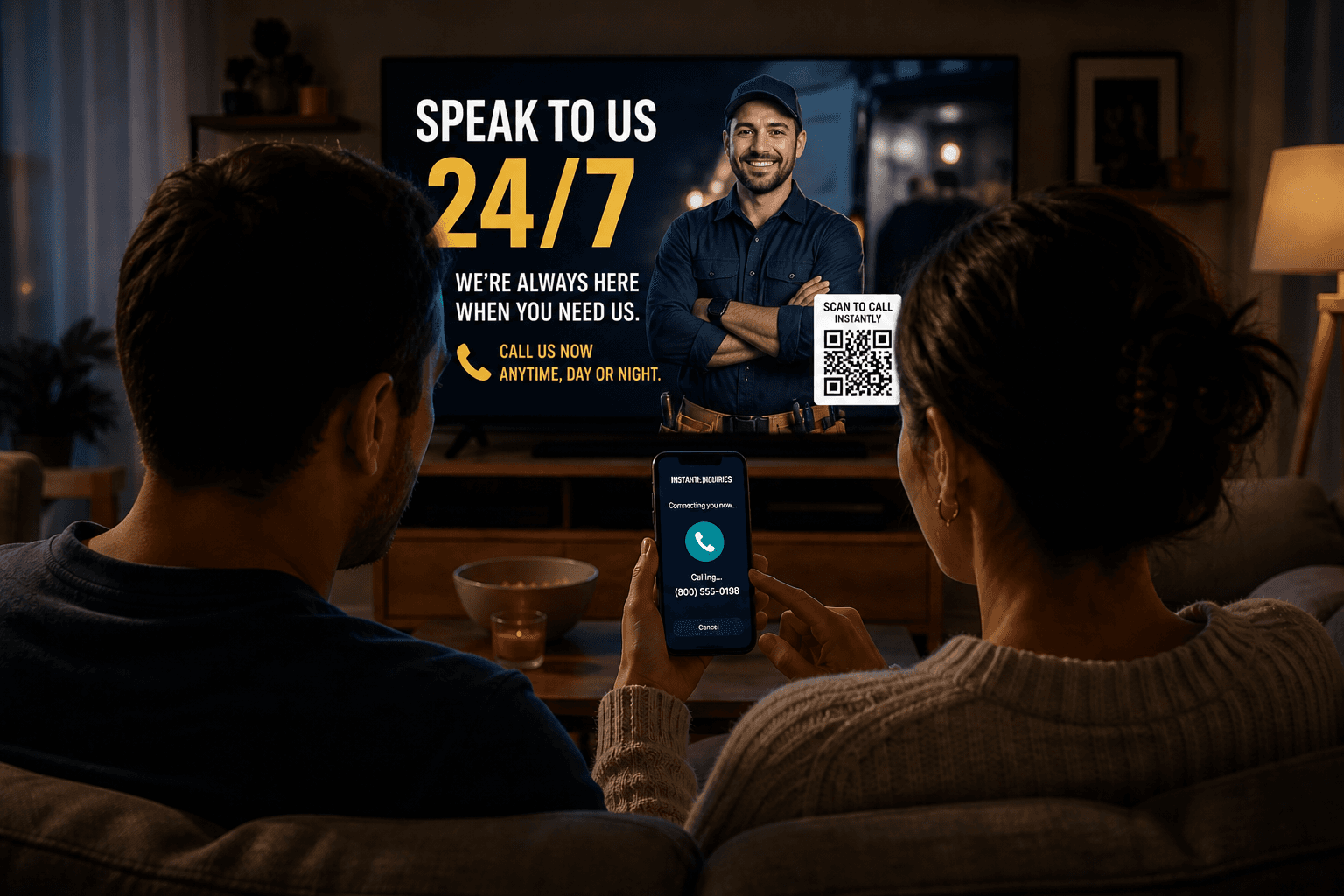 Couple on couch calling from TV ad — Speak to us 24/7