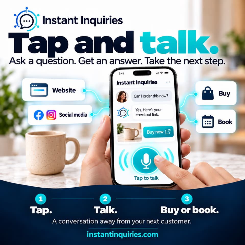 A hand taps the Tap to talk button in the Instant Inquiries chat on a phone, which answers the question and shows a Buy now link.